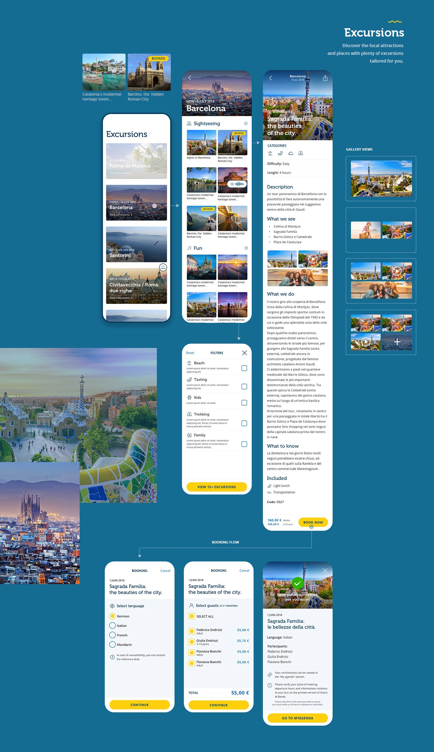 UI dell’app Costa Crociere: schermate mobile per pianificare escursioni prima dell’imbarco e gestione profilo CostaClub con punti e vantaggi utilizzabili a bordo e a terra, ad esempio per escursioni e ristoranti.