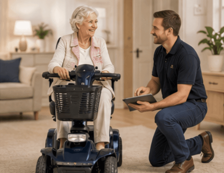 Dolphin adviser demonstrating a mobility scooter in a customer’s home