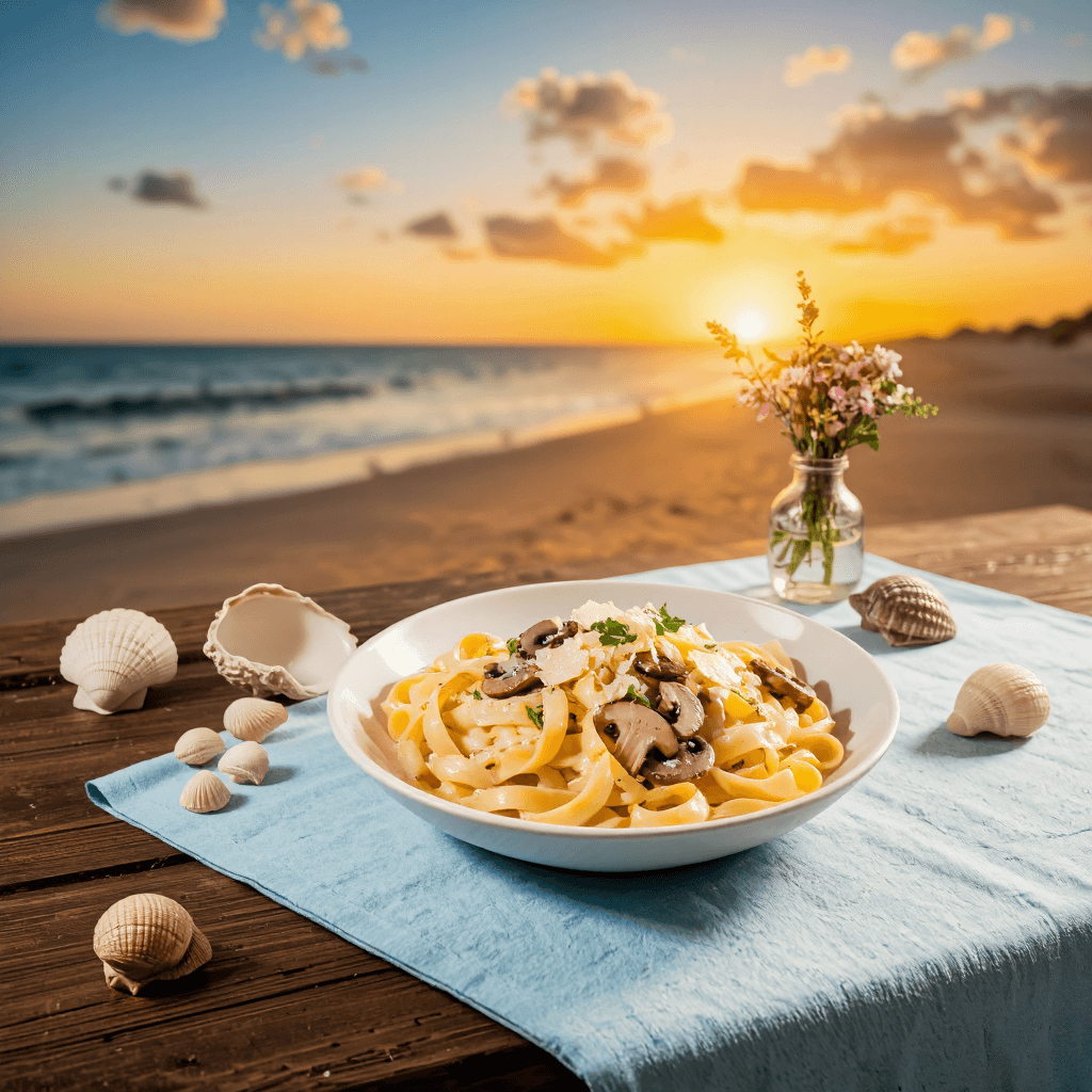 product photography of a plate of creamy pasta with mushrooms and herbs