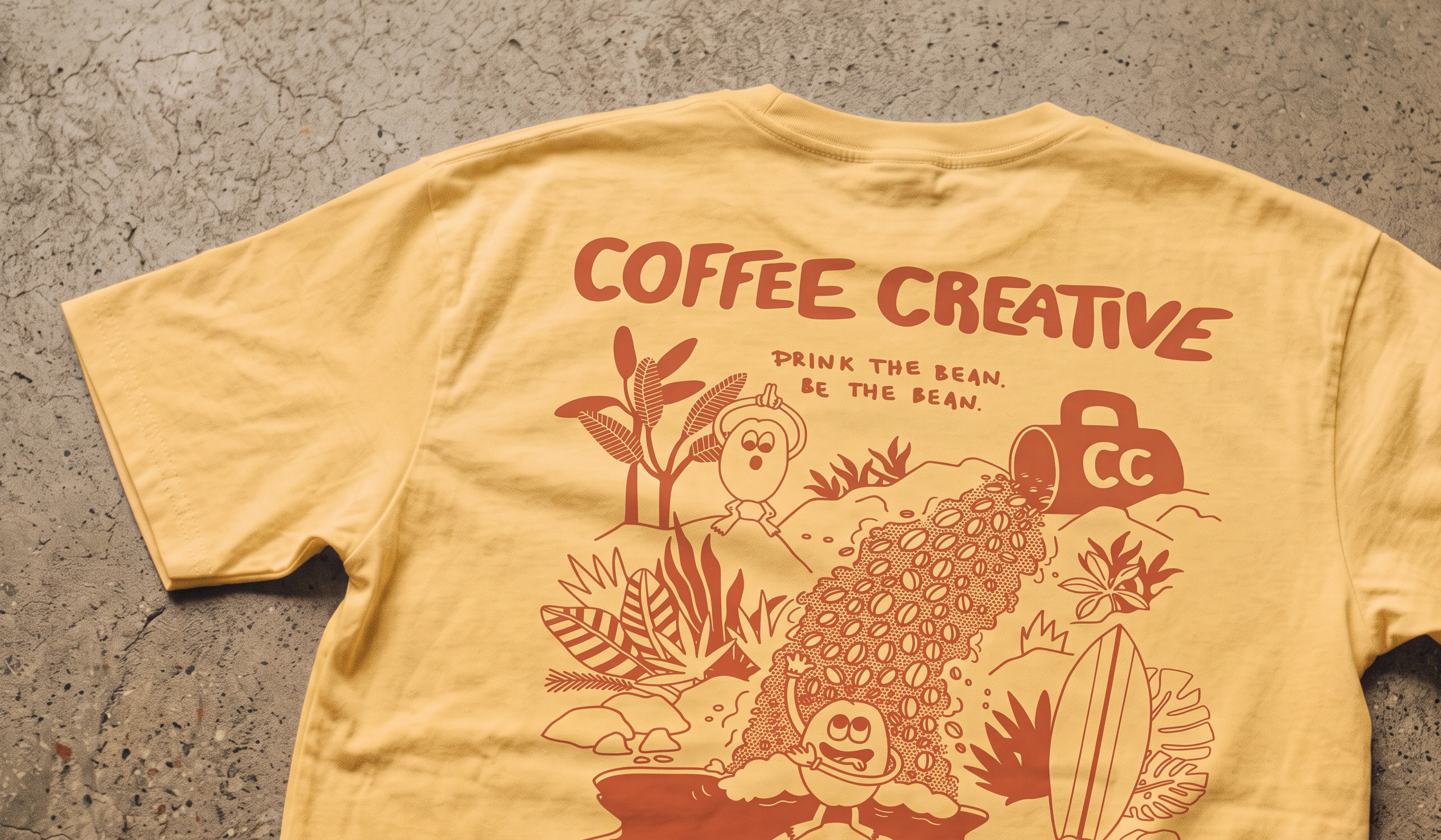 Close-up of the Coffee Creative T-shirt design with illustrated coffee bean characters