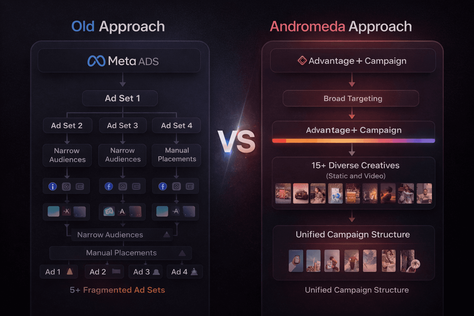 Meta ads campaign structure comparison showing old fragmented approach versus Andromeda-optimized simple structure