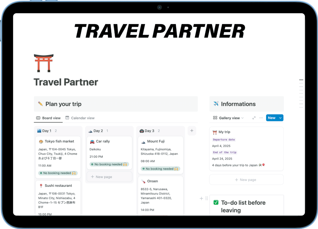 Life Planner travel organizer - plan trips with itineraries, bookings, and pre-departure checklists in Notion