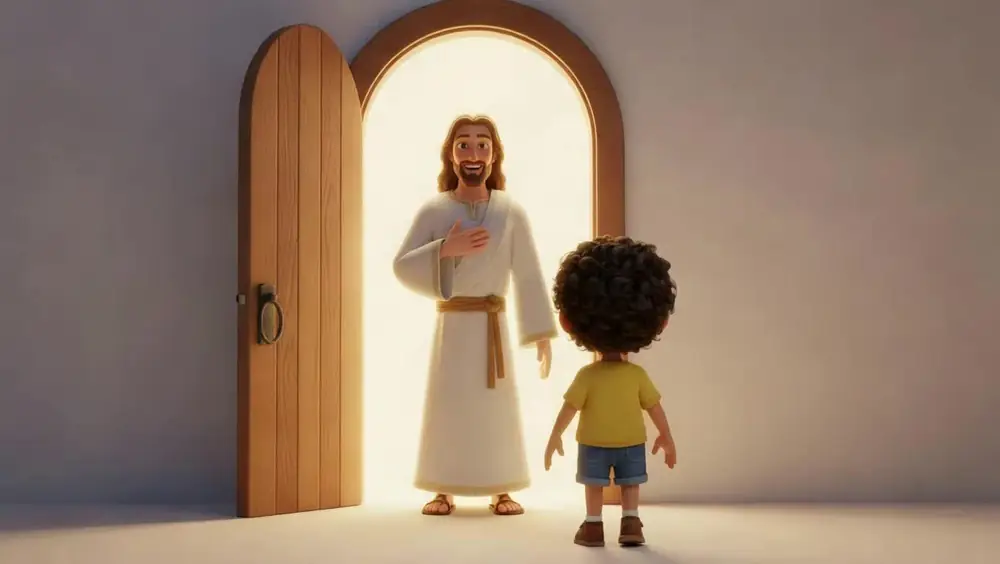 Scene 11: Jesus standing in a bright doorway as the boy faces him