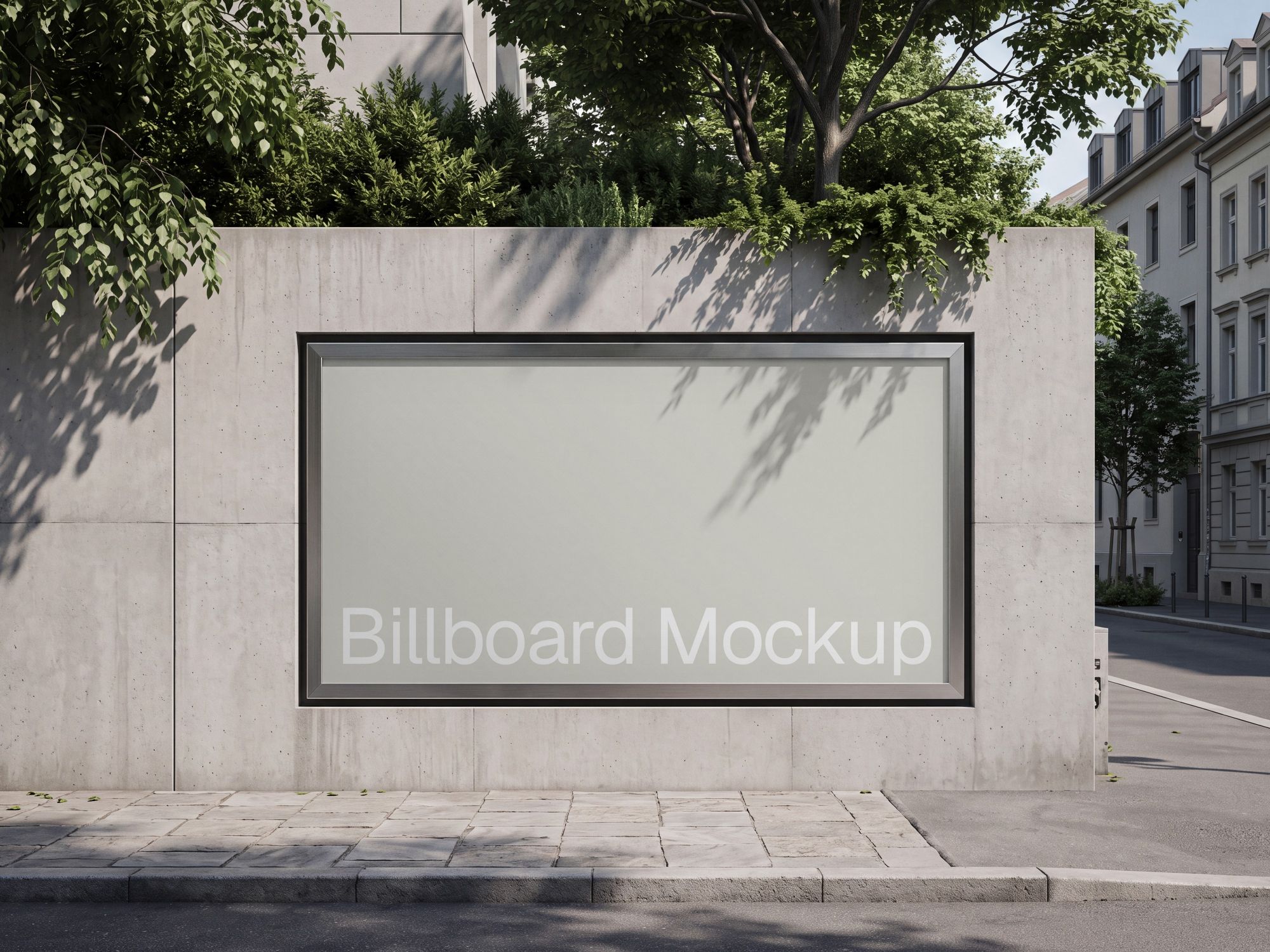 Street advertising billboard mockup set into a pale concrete wall beside a quiet urban road