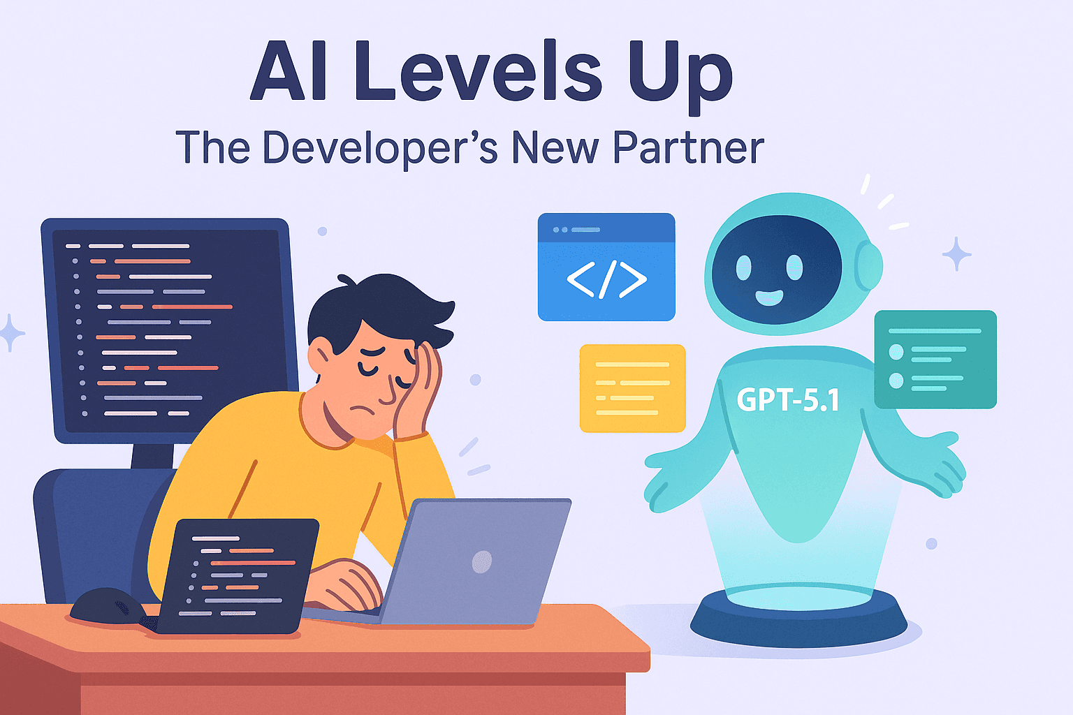 Flat illustration showing a tired developer struggling with code while a holographic GPT-5.1 assistant helps clean and organize it, representing AI elevating developer productivity.