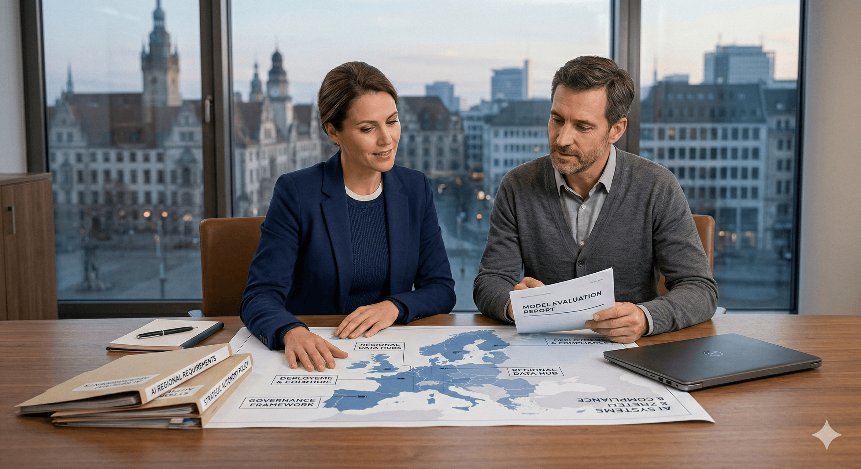 Two business professionals analyze strategic documents and a European map in a modern office, reflecting on Accenture and Mistral AI's potential impact in the AI industry.