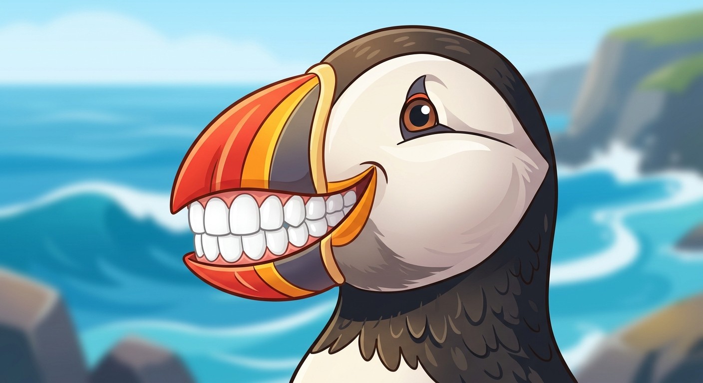 A smiling illustrated puffin on the Maine coast