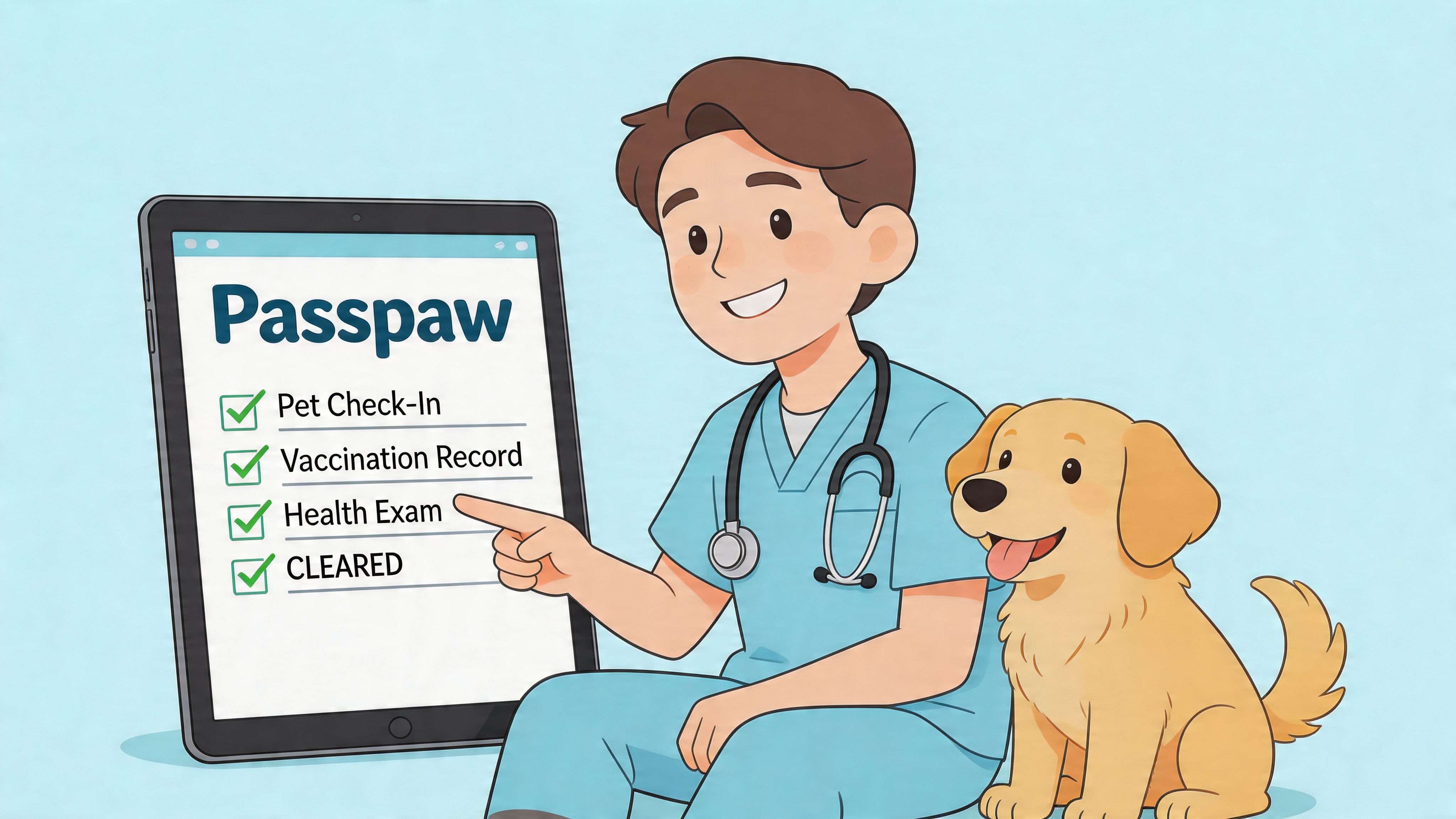 A friendly veterinarian pointing at a tablet screen displaying a pet health check list and clearance.