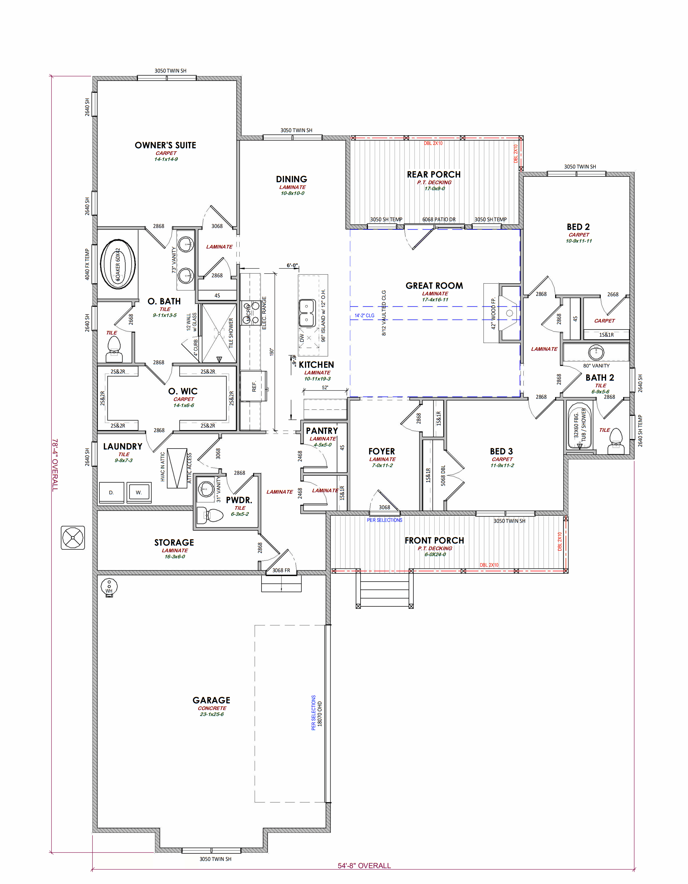 3 bed, 2.5 bath custom home floorplan