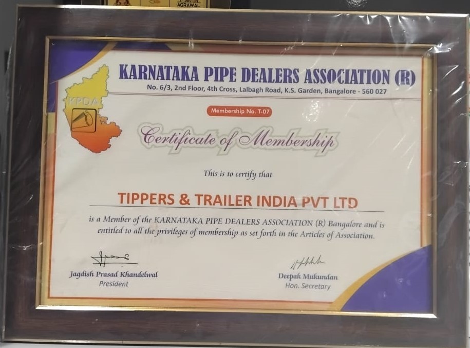 Membership certificate from Karnataka Pipe Dealers Association