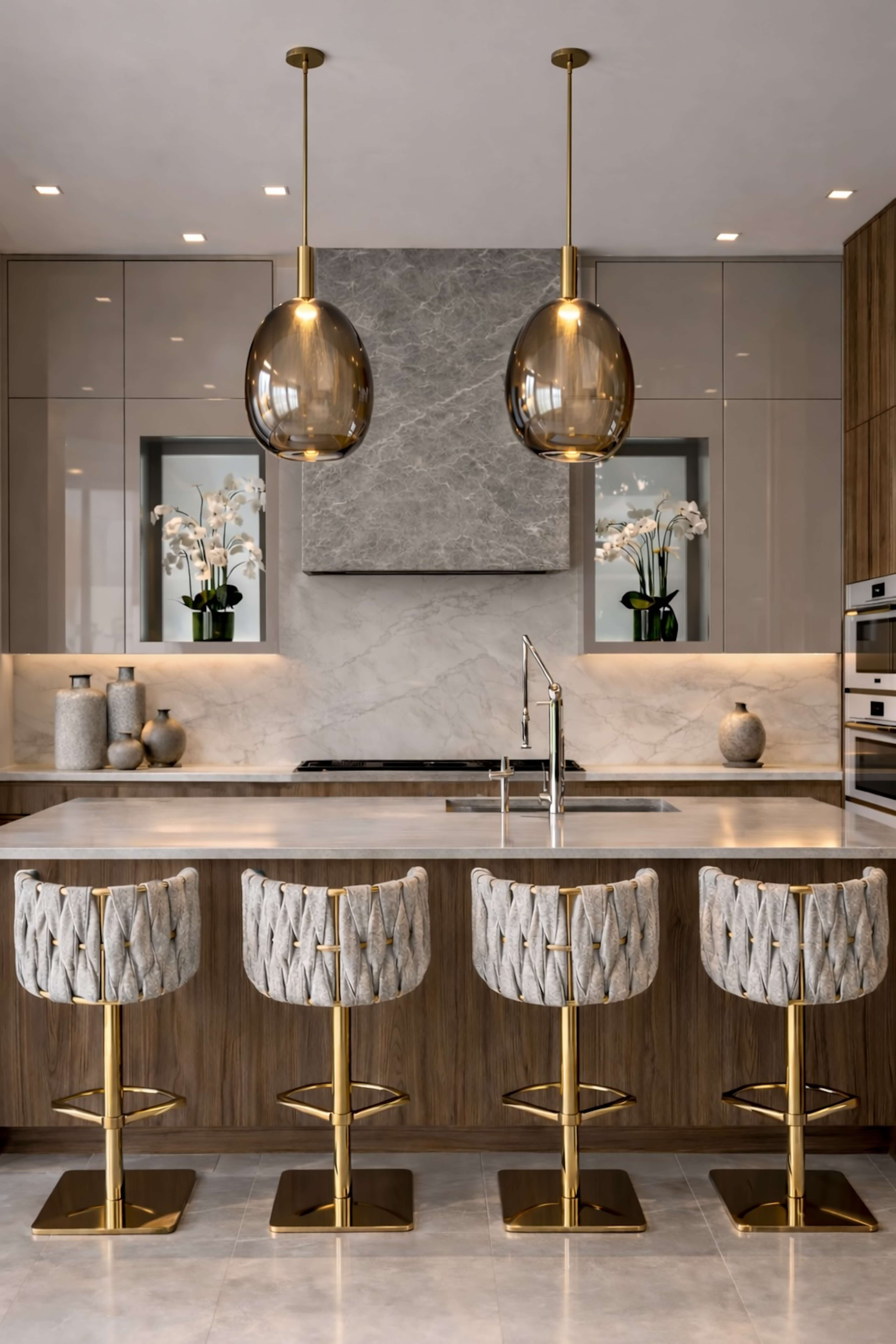 Warm modern kitchen with marble backsplash, wood cabinetry, brass pendants, and upholstered counter stools.