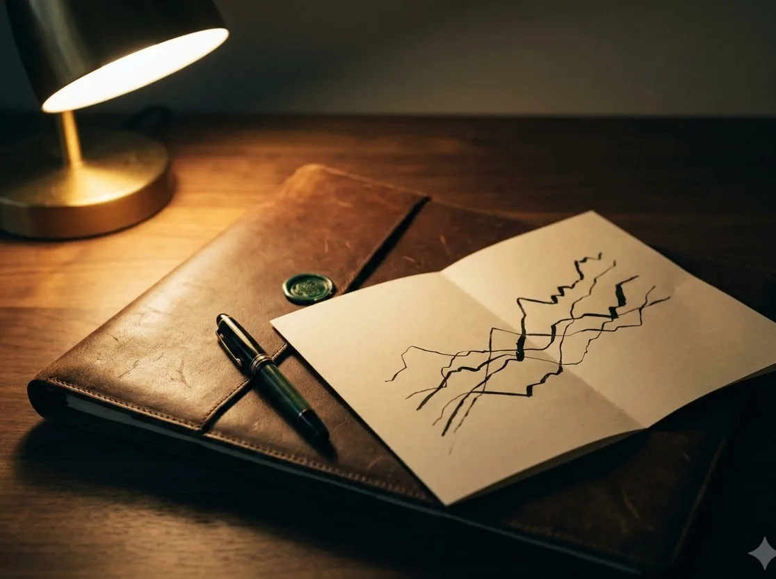 A notebook with a jagged line trace and a pen under a brass lamp