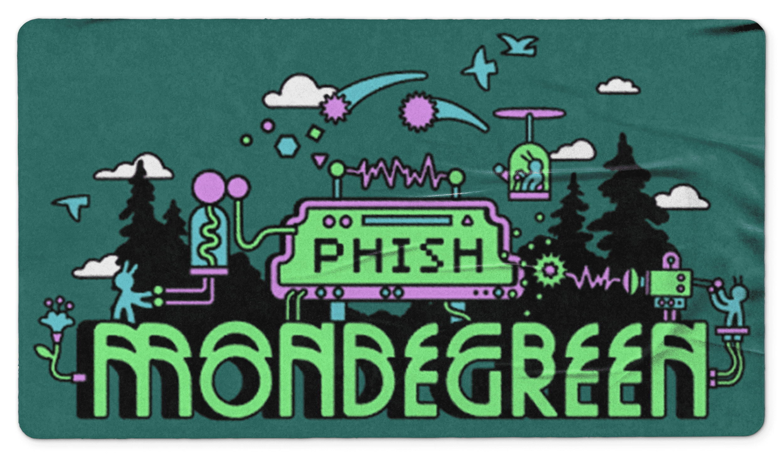 A colorful logo featuring the word "Mondegreen" with trees, clouds, and decorative elements on a dark background.