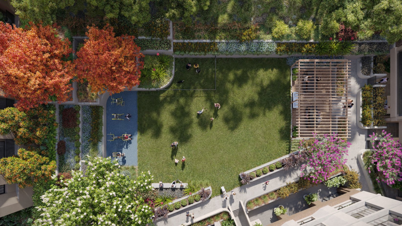 Private landscaped park and communal spaces at Blossom Carlingford including green areas and outdoor facilities, available with Coposit $10K entry