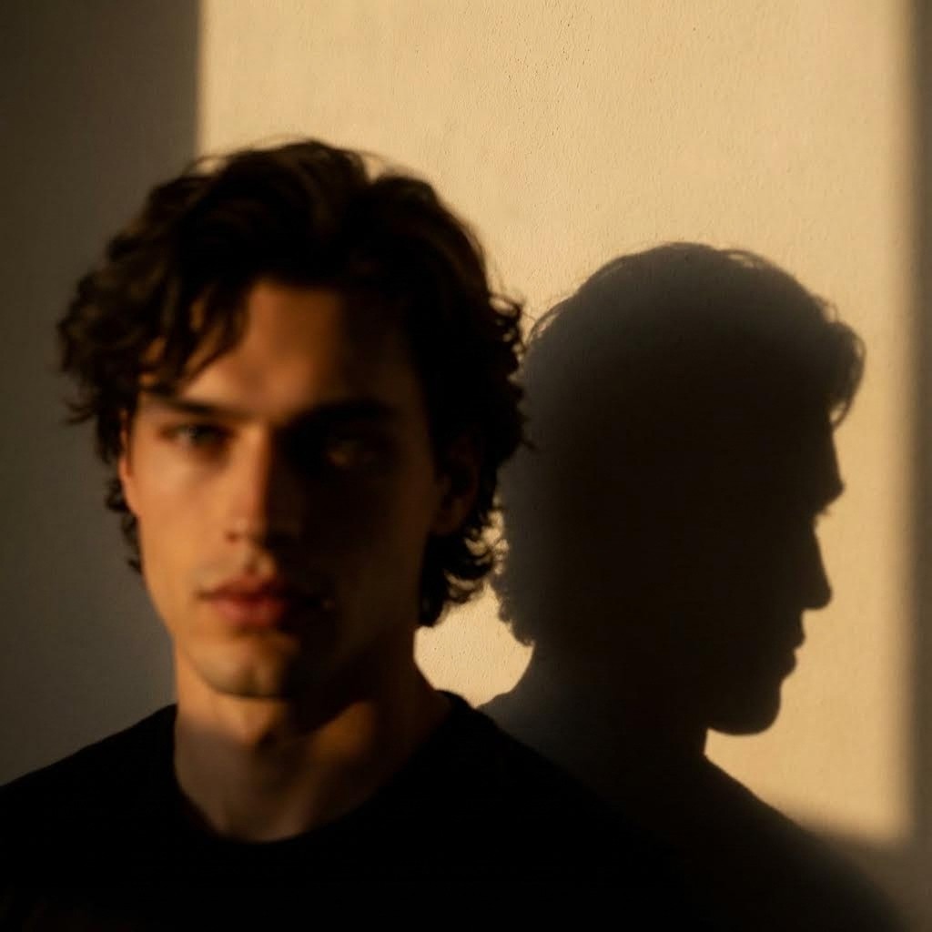 "Create a moody aesthetic blurry mysterious portrait of my picture. Change the background and put plain wall and camera angle as per the reference warm golden hour sunlight casting dramatic shadow on a plain wall ensure the same shadow of the face on the wall is visible ratio 9:16 overall cinematic tone"