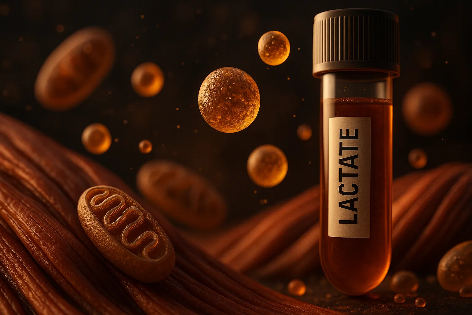 Cinematic 3D lactate biomarker scene with a blood tube beside muscle fibers, mitochondria, and glowing lactate droplets.