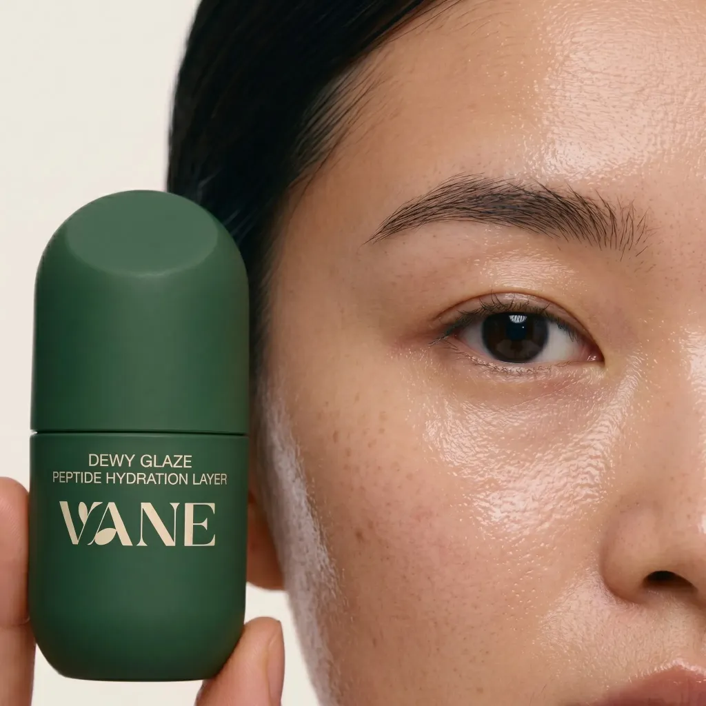 VANE skincare branding design: green bottle, dewy skin. Art by branding expert.