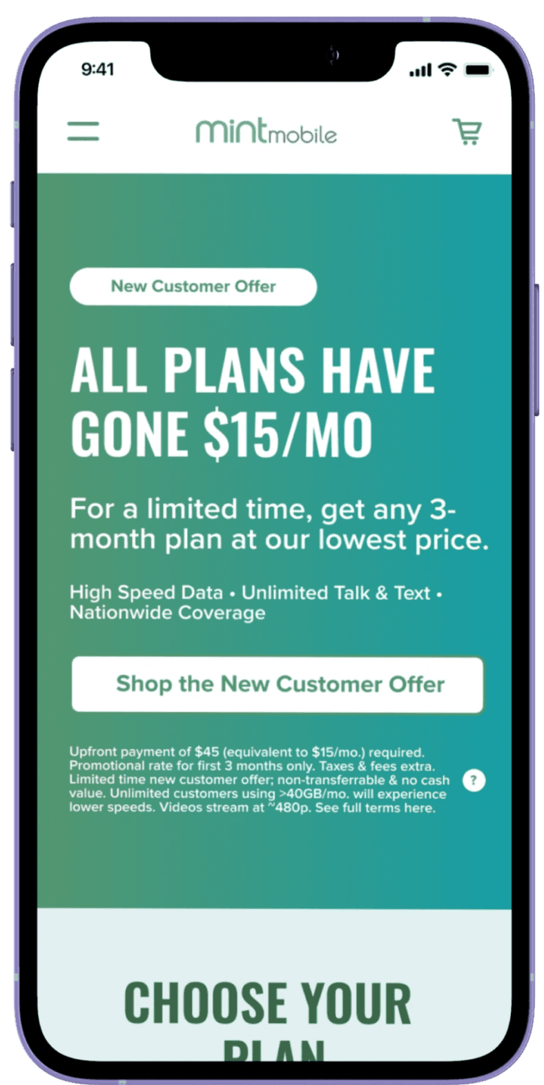 Mobile view of the header of Mint Mobile's revised plans page