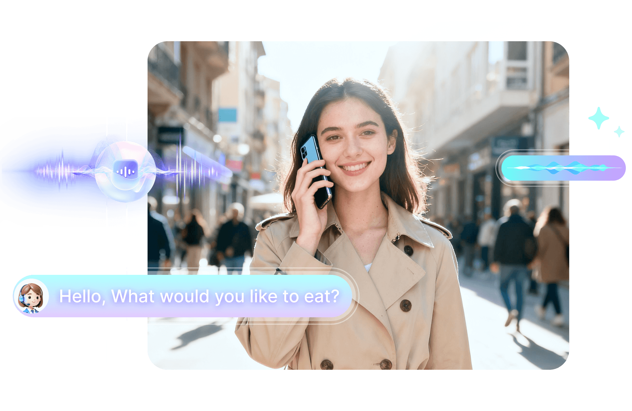 A woman was walking along when she ordered food using the Aldelo AI phone.