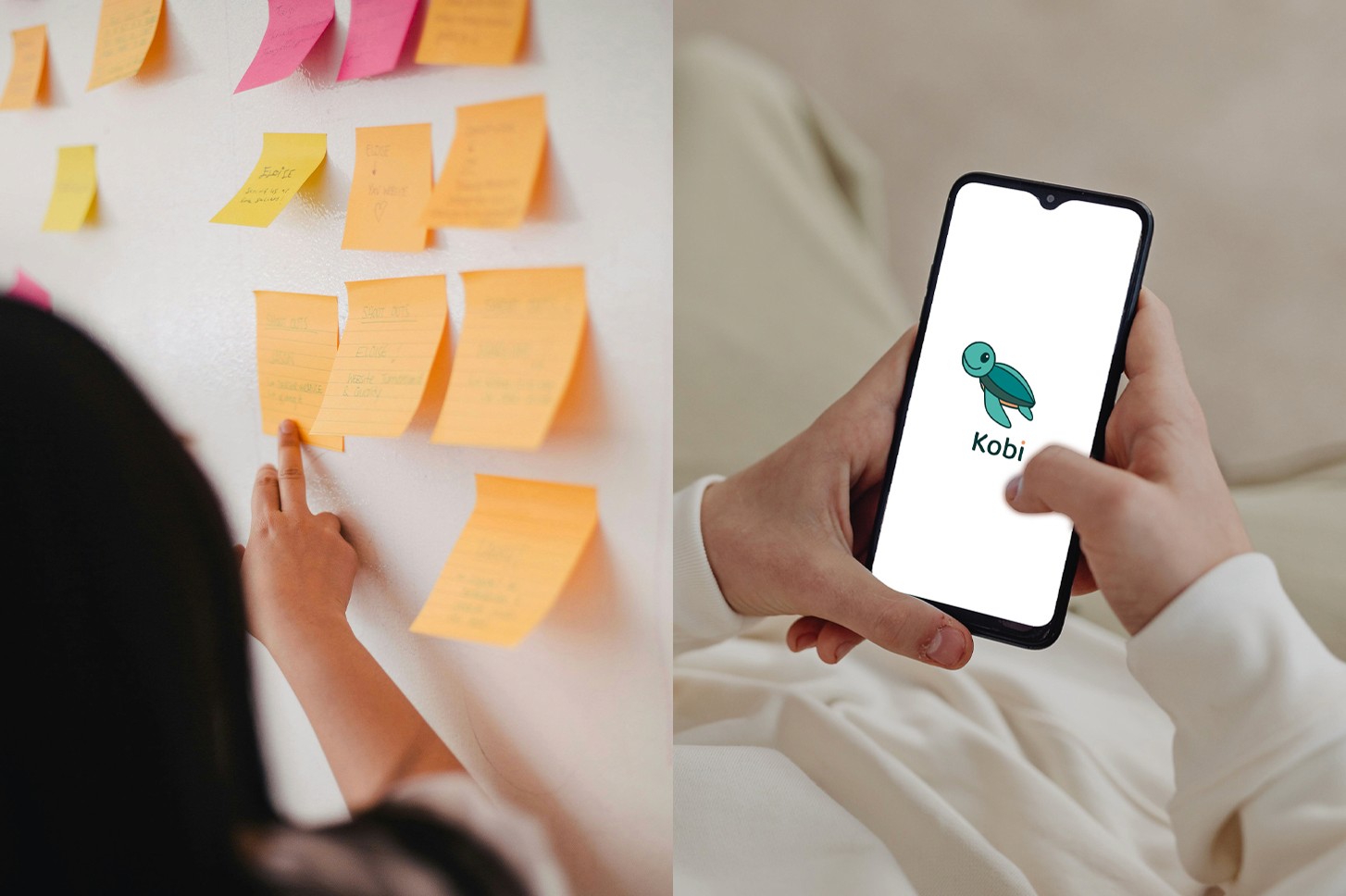 An image split into half. On the left is a zoom-in shot focusing on a wall of post-it notes, and on the right is someone using the Kobi app (highlighting on one of our client work).