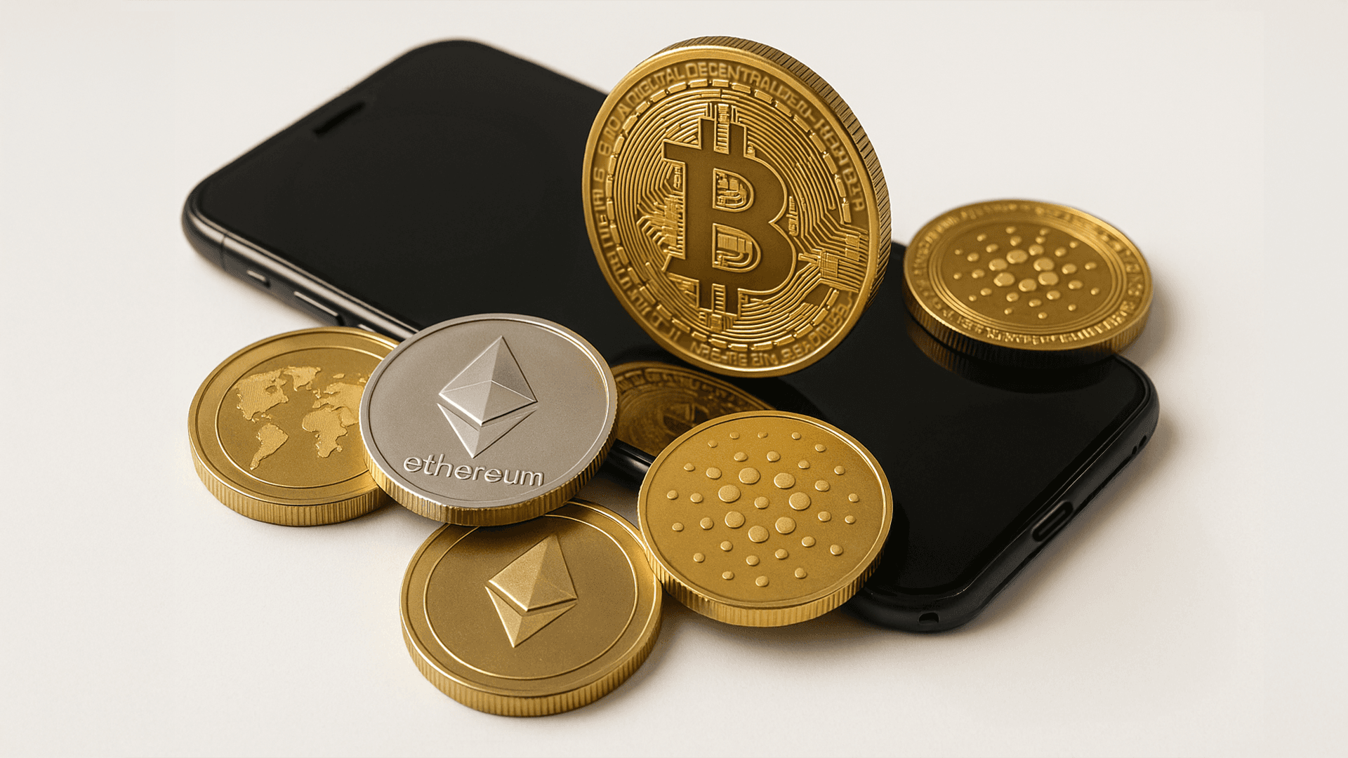 Bitcoin en andere cryptomunten op een zwarte smartphone.