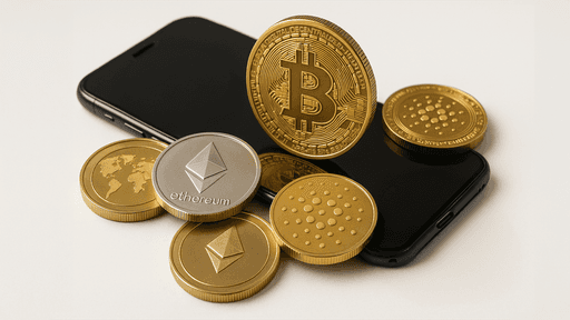 Bitcoin and other cryptocurrency coins placed on a black smartphone.