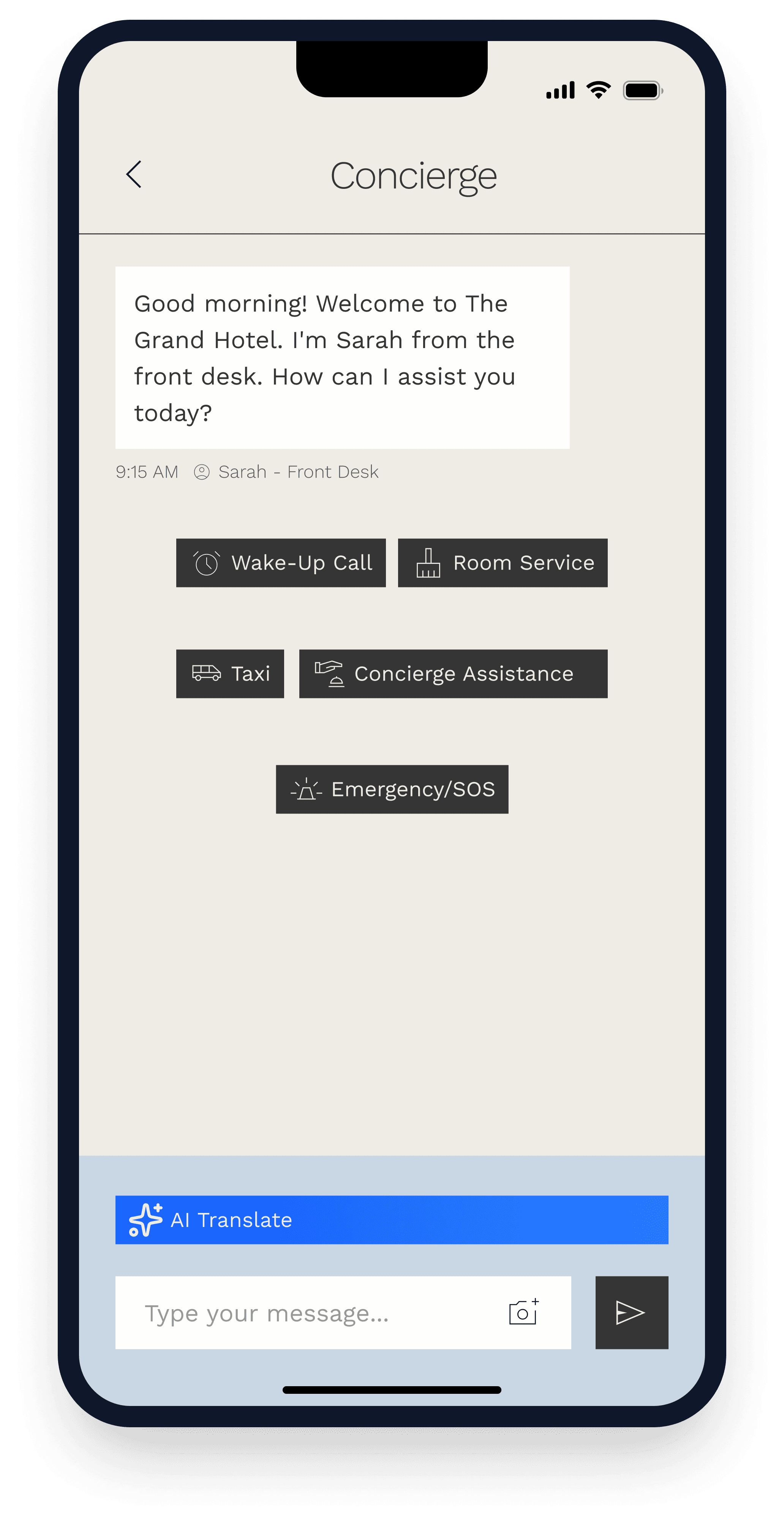 OneAvant Guest Management dashboard on mobile showing a chat interface for guest communication and service requests, highlighting centralized chats, keyless entry, and loyalty program features.