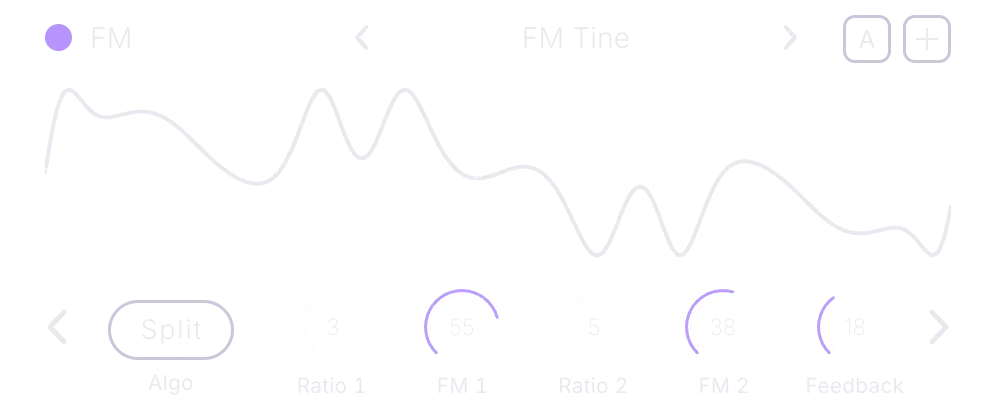 FM engine: FM Tine, Split algorithm, ratios 3 and 5, FM 1, FM 2 and Feedback modulated