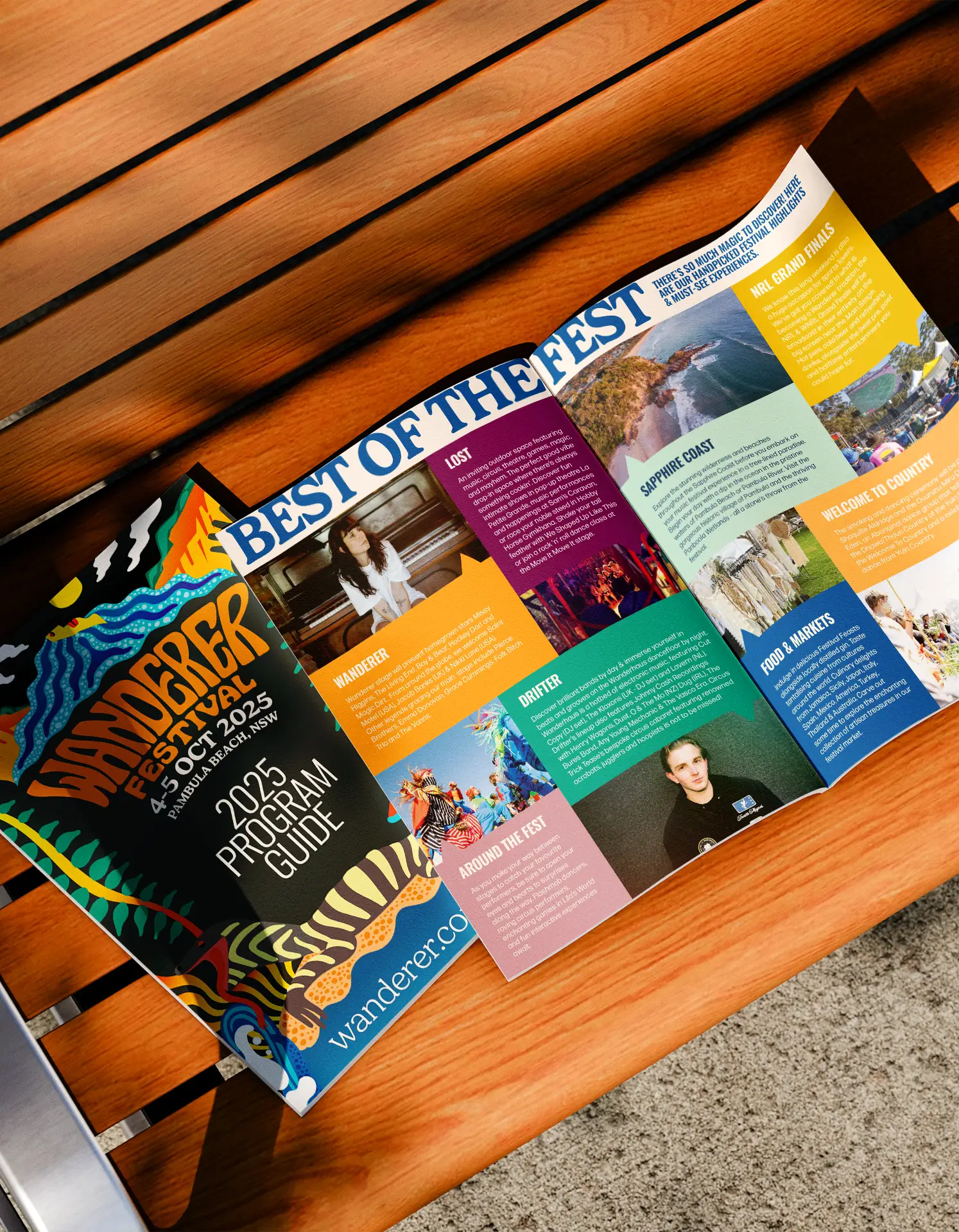 Wanderer Festival program guide with brand typography and palette.