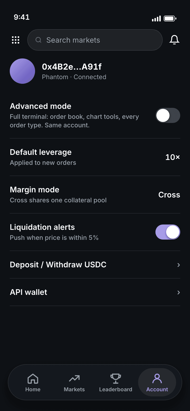 Account with Advanced mode toggle