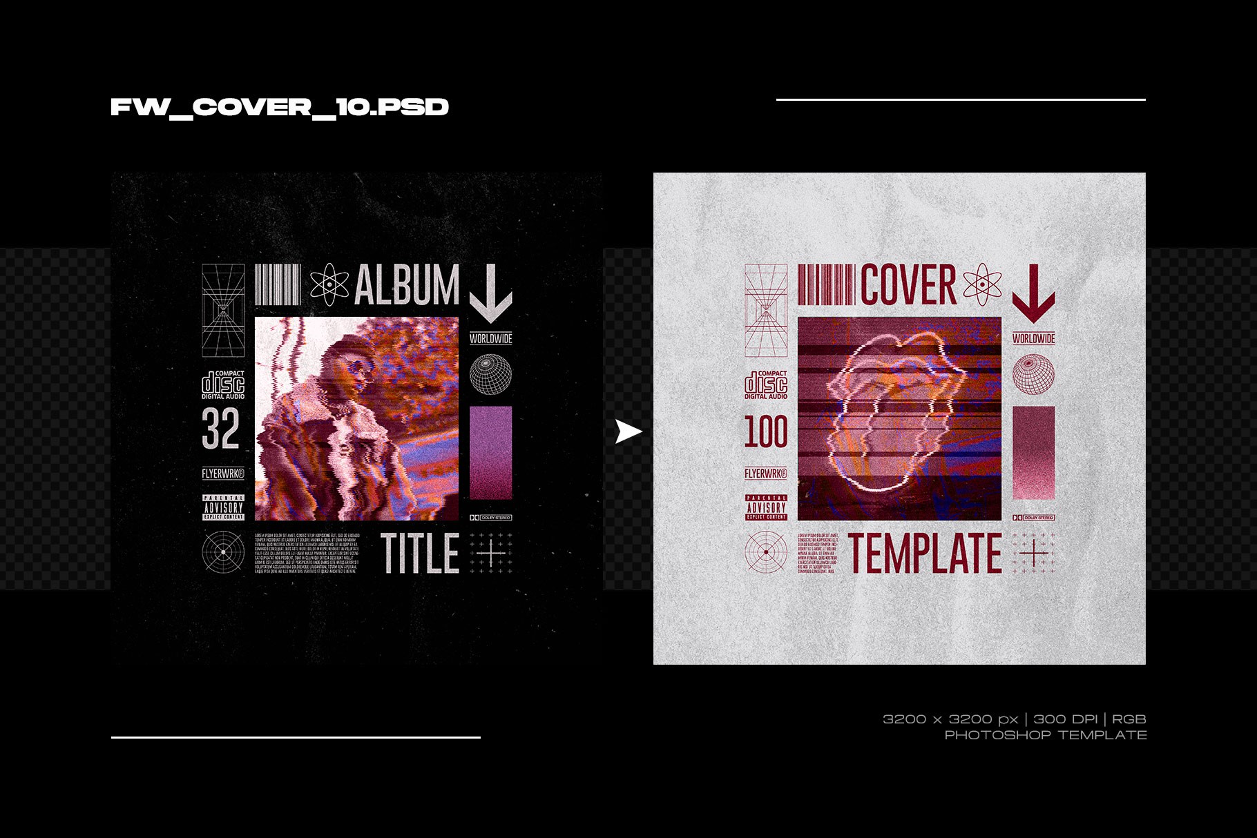 Album cover template with heavy glitch distortion and scanline effects on a textured background