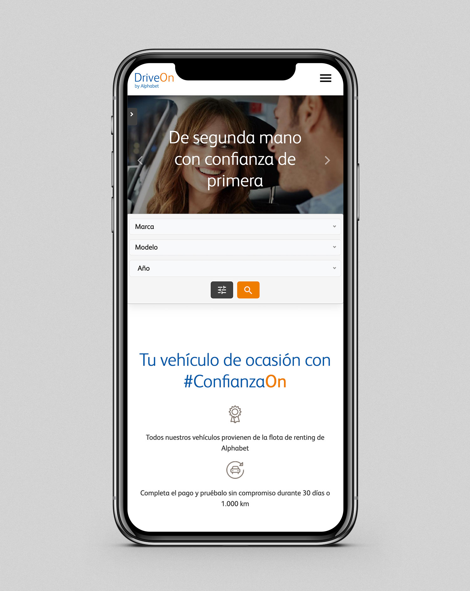 Portfolio Thankium: Imagen de la página web DriveOn mostrando opciones de vehículos de ocasión con garantía de confianza.