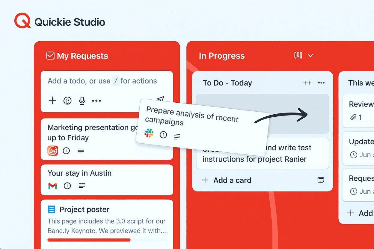 Quickie Studio dashboard showing the “My Requests” and “In Progress” boards, demonstrating how clients can easily submit and track design projects in real time.