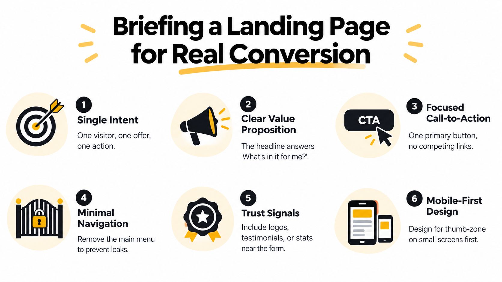 An infographic detailing six essential principles for creating a landing page that converts visitors into customers.