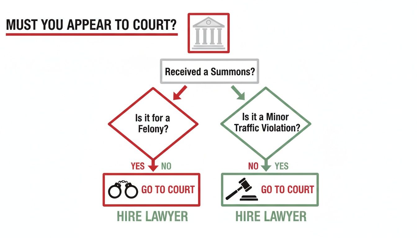 Flowchart advising on court appearances and hiring a lawyer for summons.