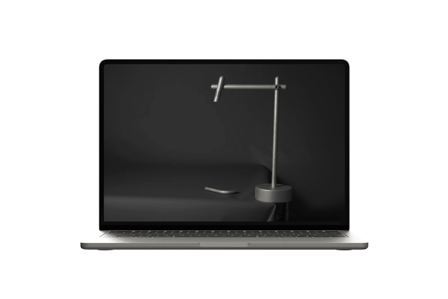 Laptop displaying a pixelated minimalist product design website featuring a modern lighting concept.