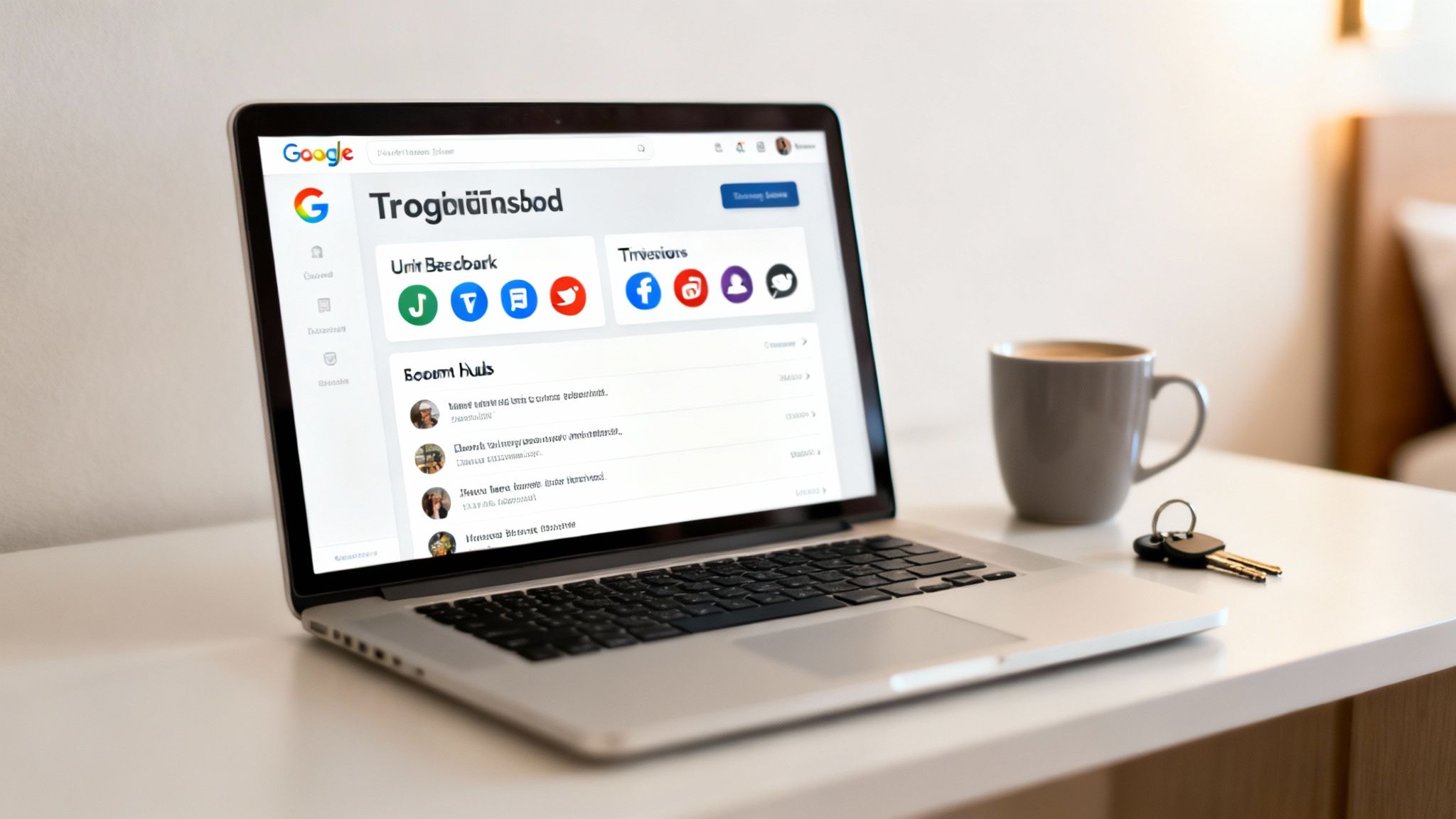 A laptop displaying a dashboard, coffee mug, and keys on a white desk, suggesting a workspace.