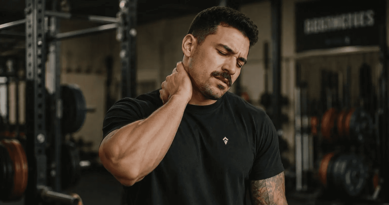 A muscular man in a gym rubbing his neck and shoulder, showing the kind of training-related tension that sports or deep tissue massage addresses