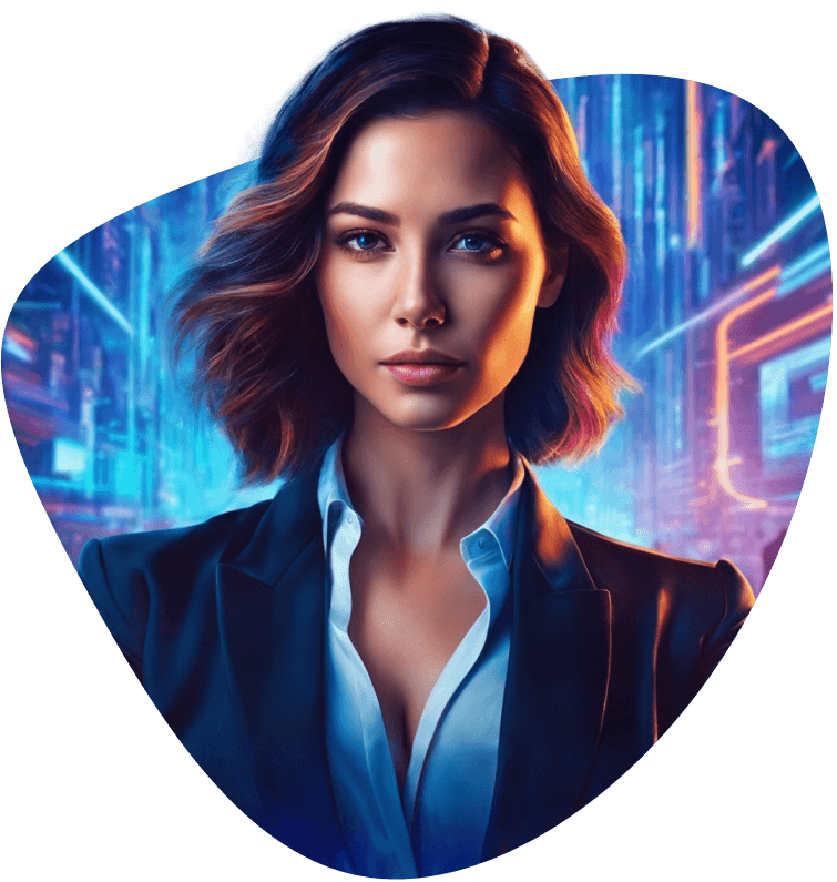 A businesswoman against a blue modern futuristic background.