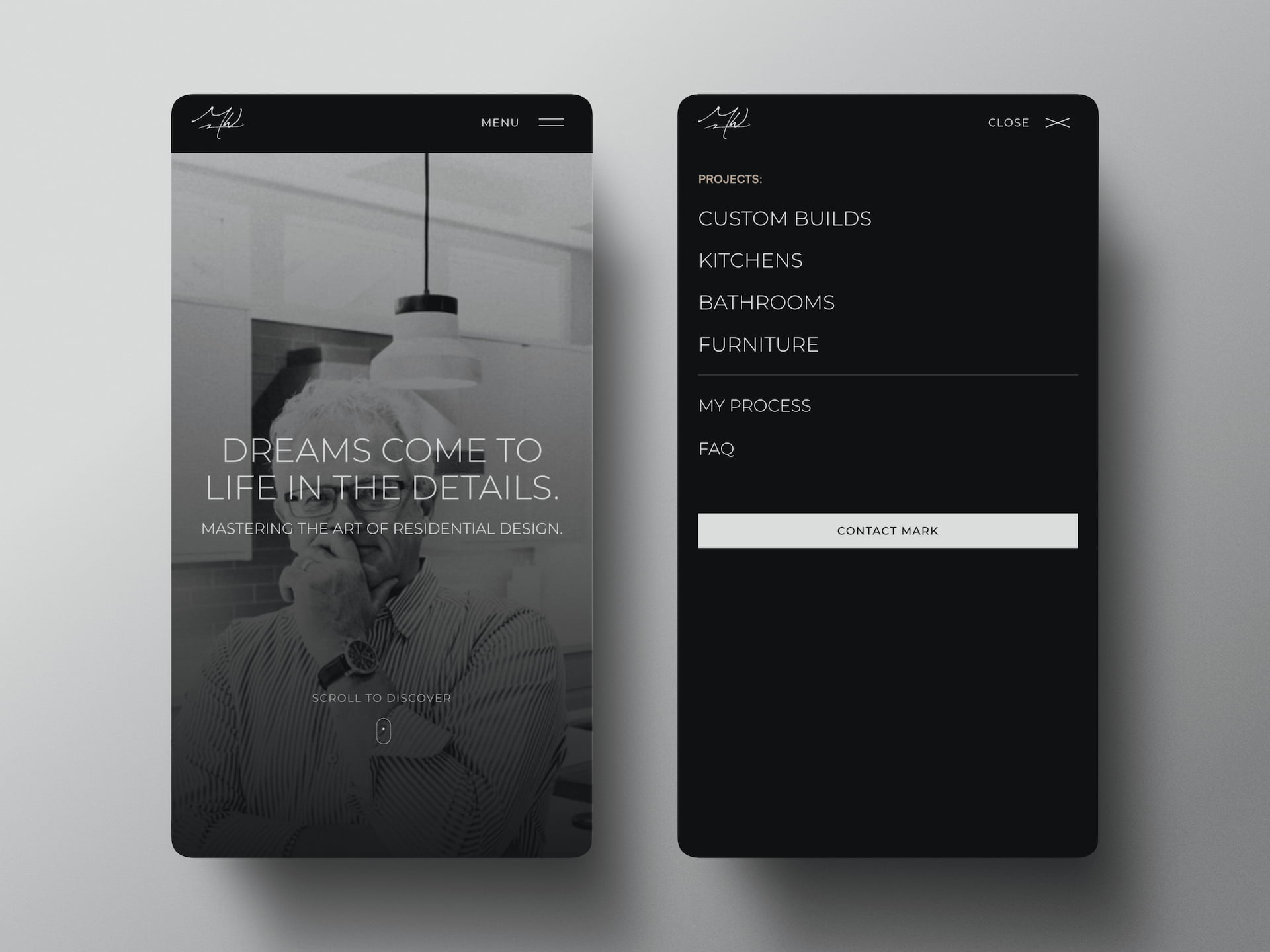 Mark Weston Designs mobile website - responsive hero section and navigation menu showing Custom Builds, Kitchens, Bathrooms, and Furniture categories for high-end Ontario residential design