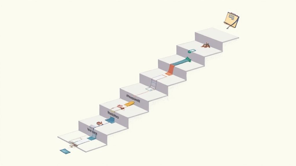Isometric illustration showing project management workflow stages ascending like stairs with colorful connecting elements