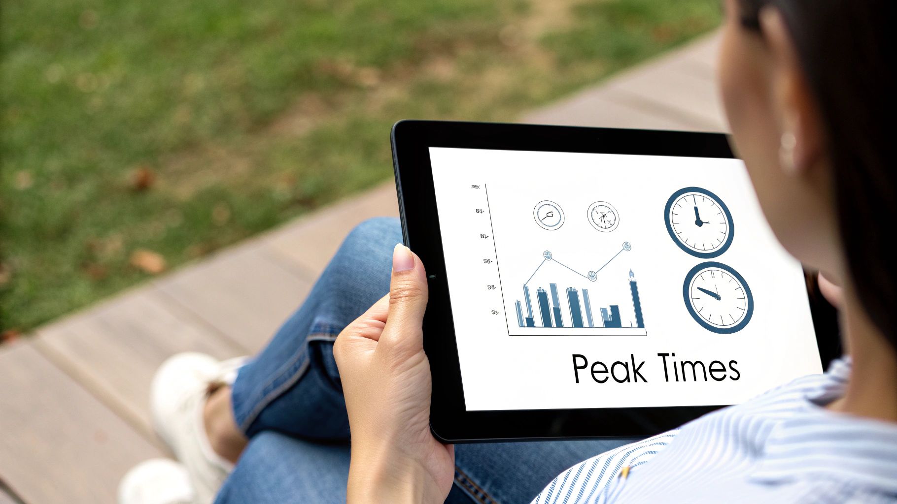 A person holding a tablet shows a screen displaying 'Peak Times' charts and clocks.
