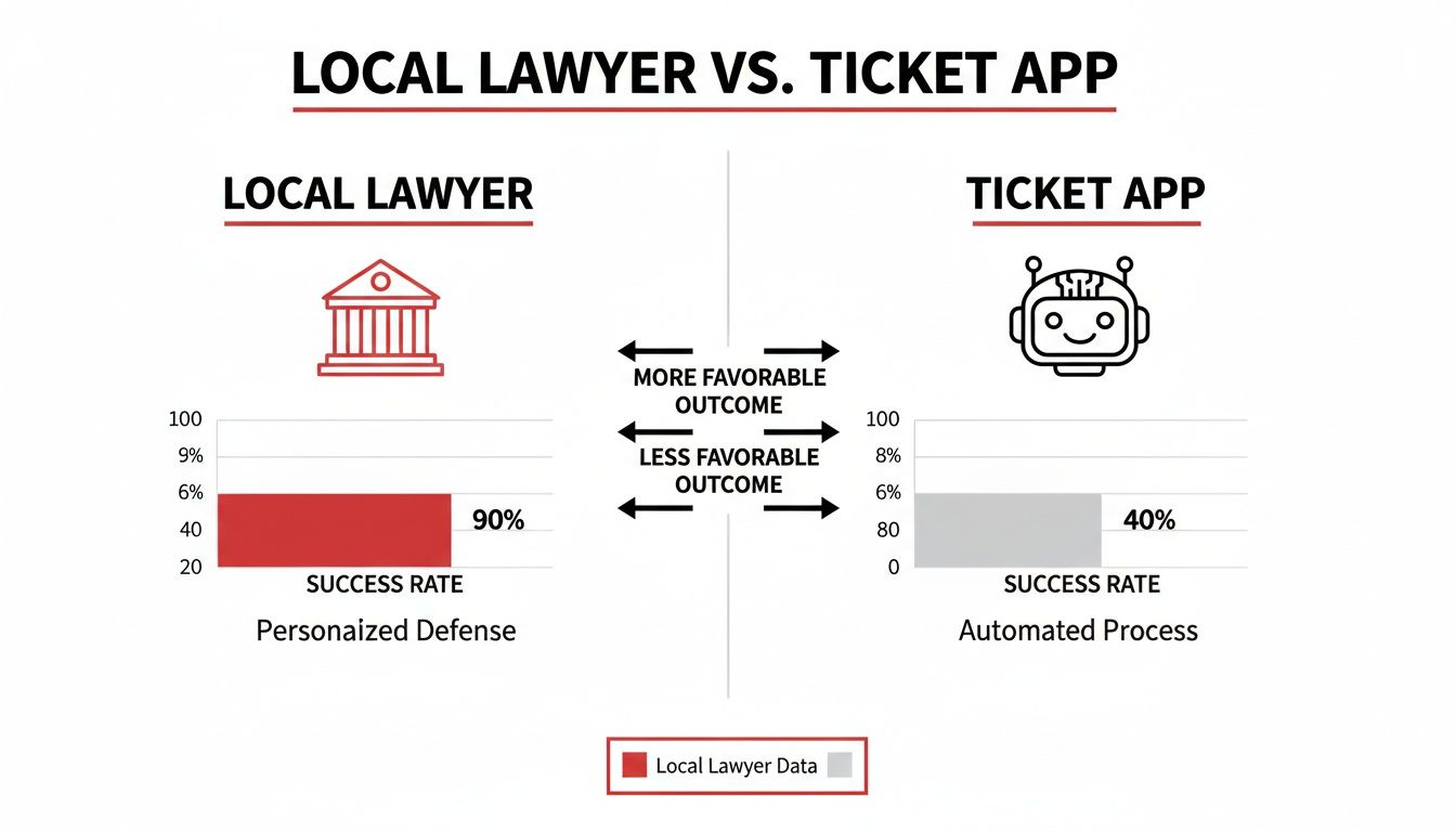 Comparison chart showing local lawyers have a 90% success rate versus ticket apps at 40%.