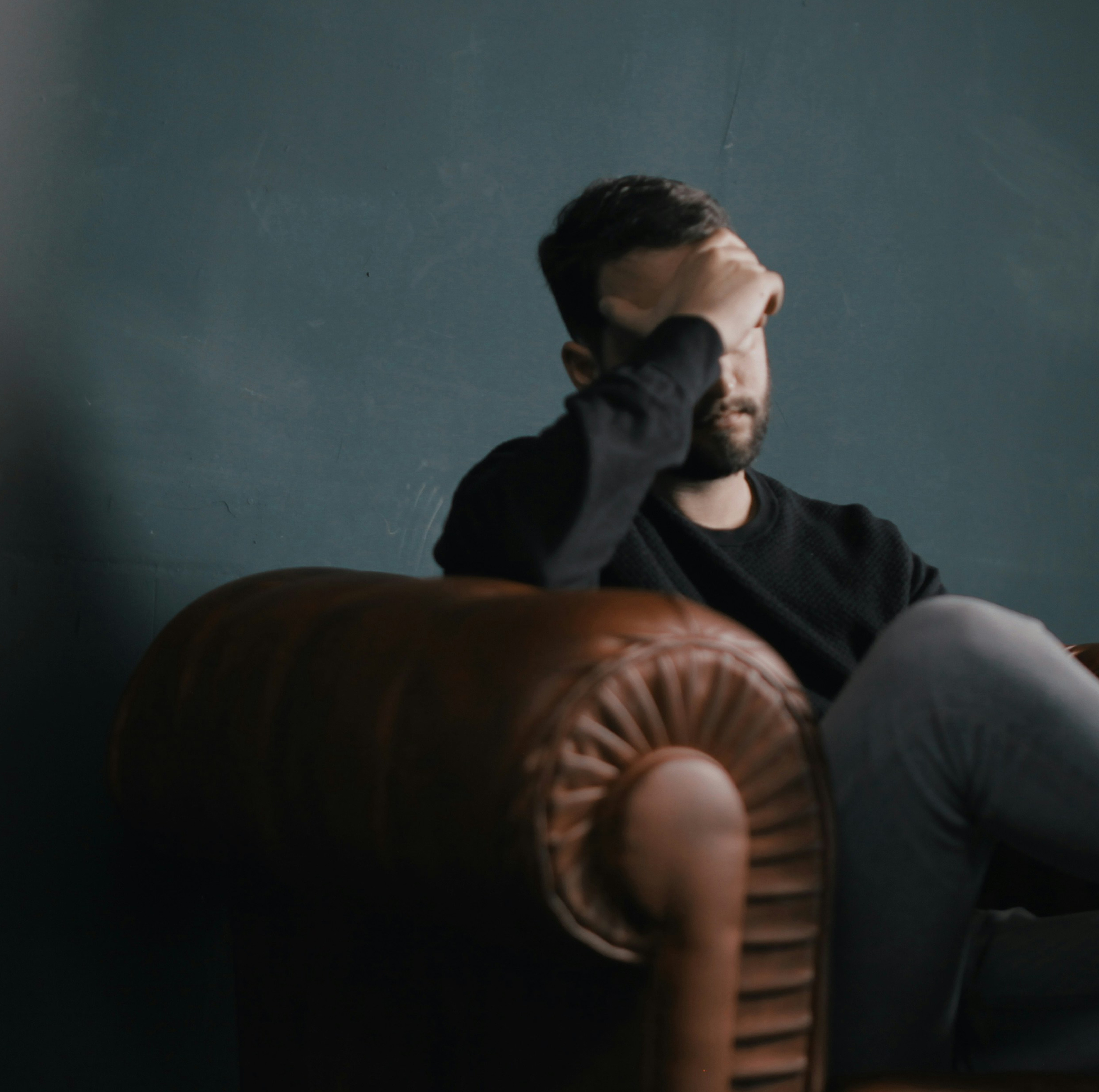 Unhappy family man in health distress