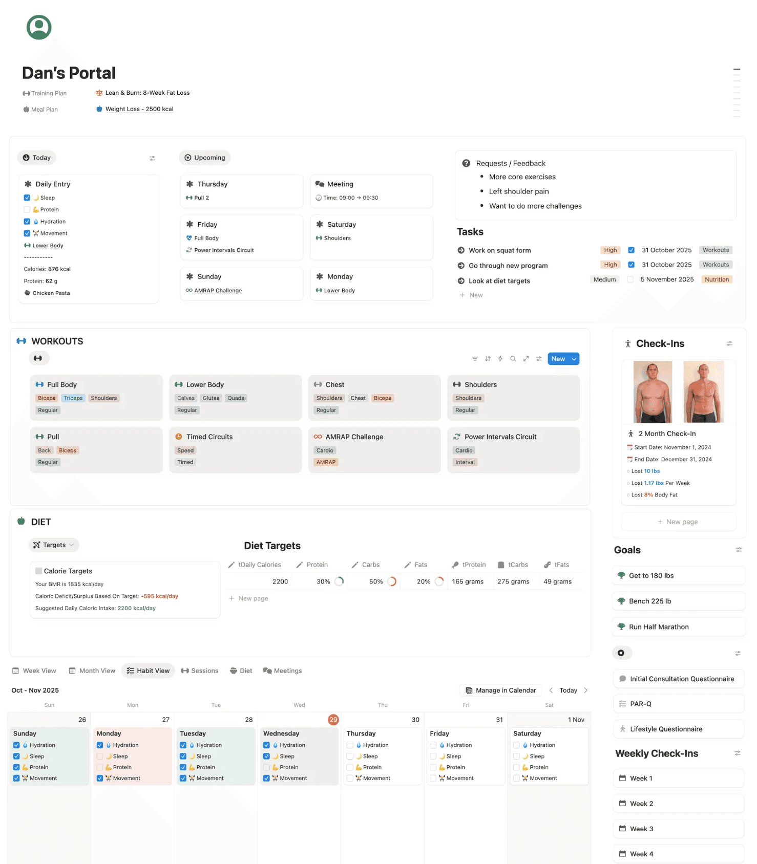 personal trainer client tracker notion template