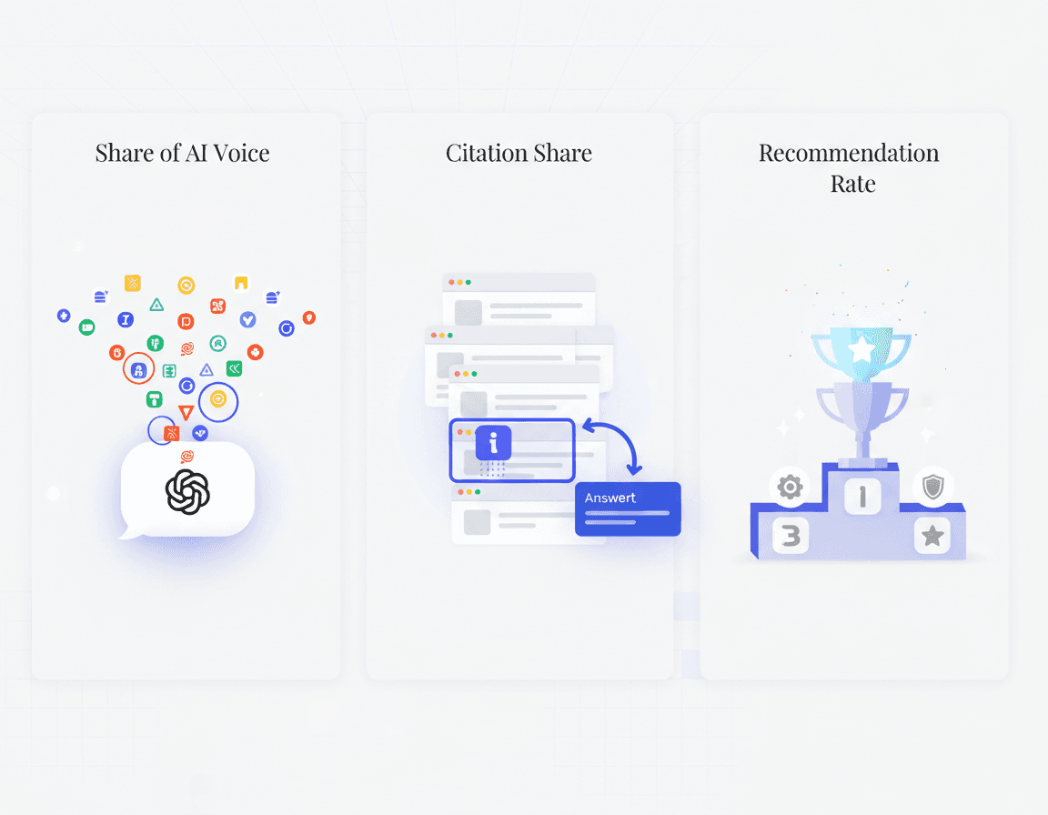 Three-panel graphic contrasting AI share of voice, citation share, and recommendation rate metrics