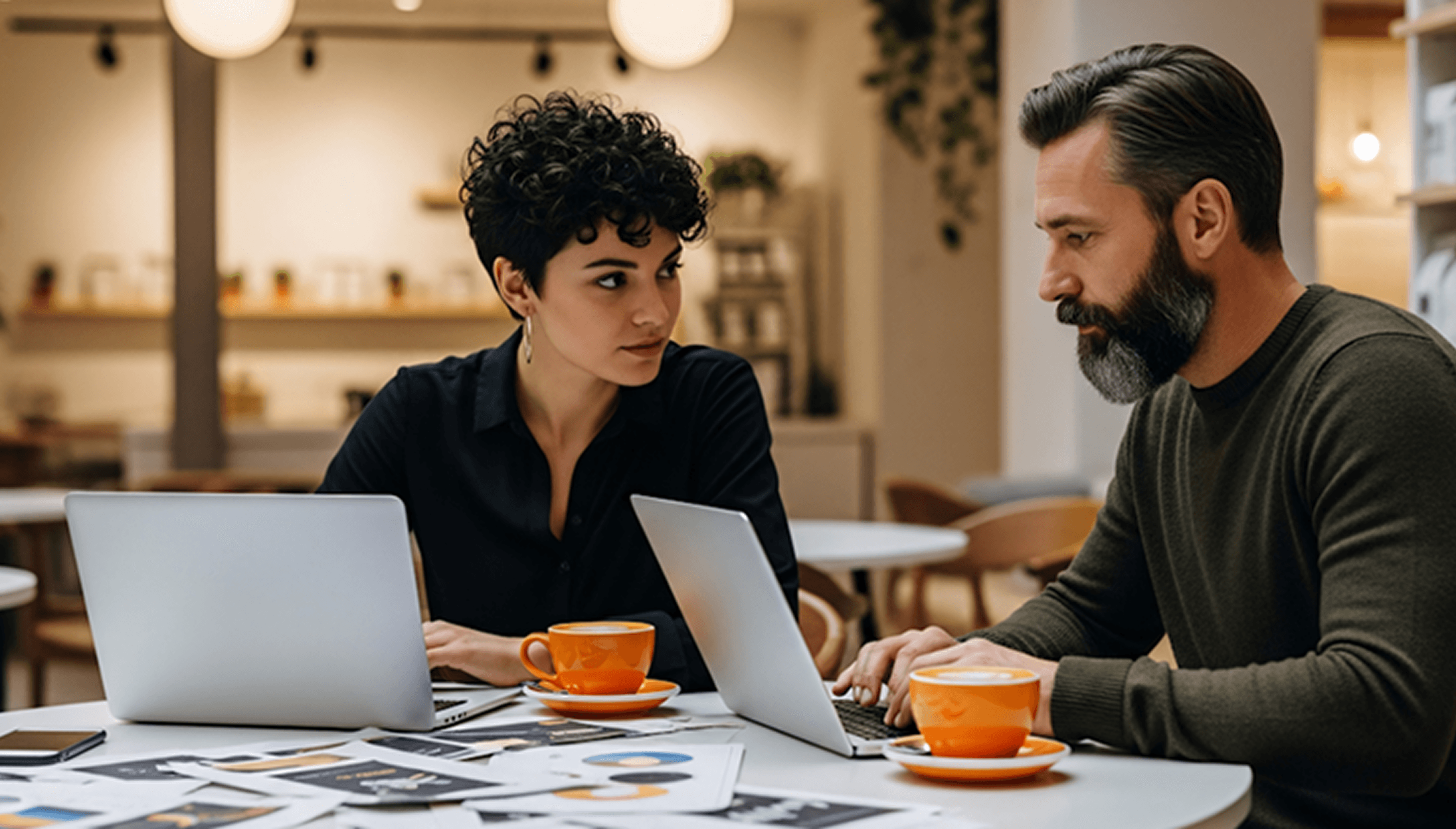 A man and a woman collaborate at a table with laptops and coffee cups in a cozy cafe setting.