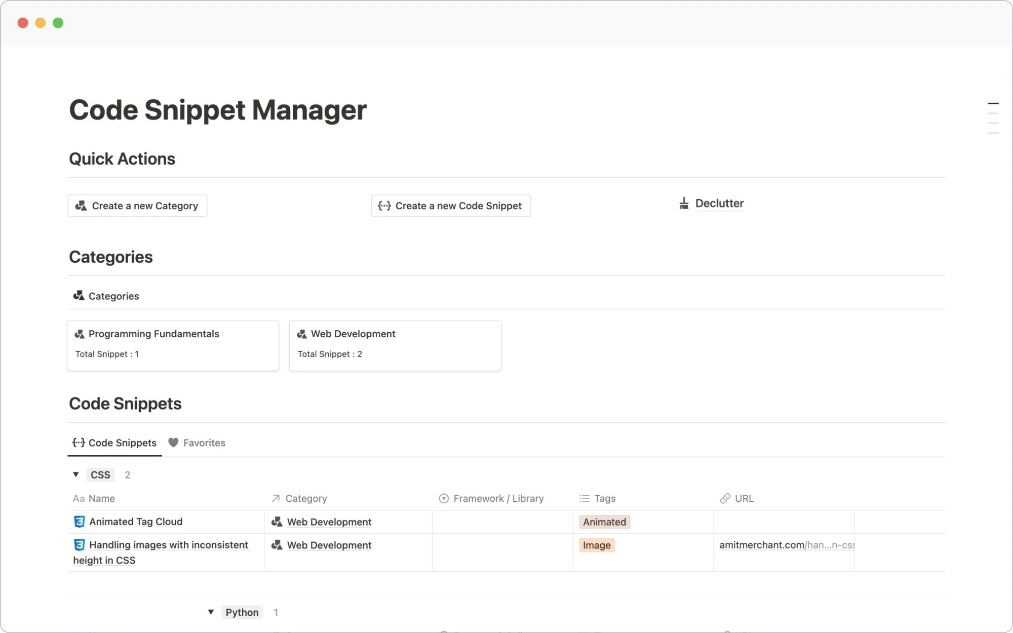 Code Snippet Manager Notion Template