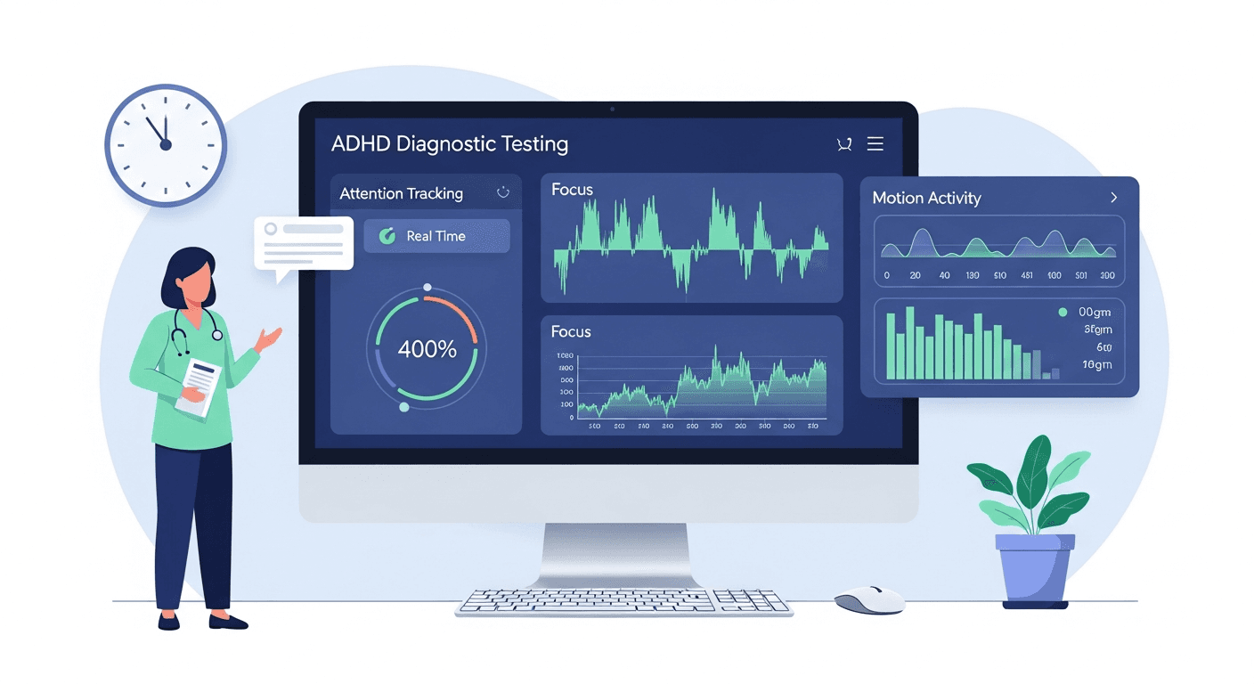 A clean, modern medical illustration showing ADHD diagnostic testing concept. Scene shows a calm, professional telehealth setup with a computer screen displaying attention tracking metrics, graphs showing focus patterns, and motion activity data. Soft blue and green color palette, minimalist style, clinical but approachable atmosphere. No text or words in the image.
