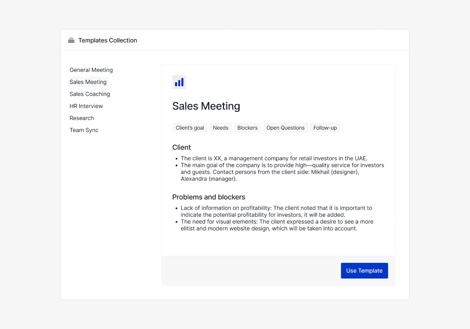 Example of part of the "Sales meeting" report